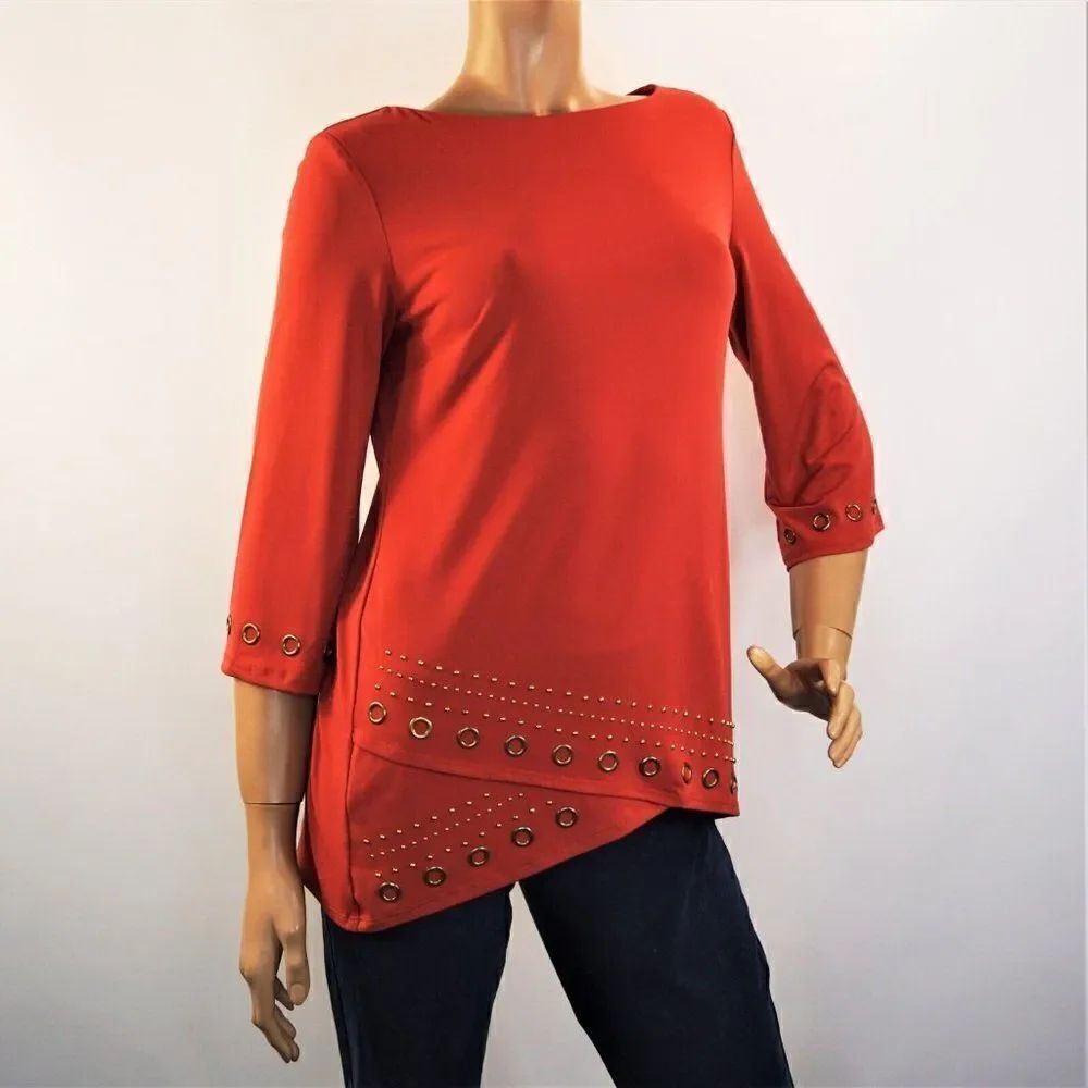 JM Collection Women Tunic Blouse Studded Terracotta Color Size Petite Small
